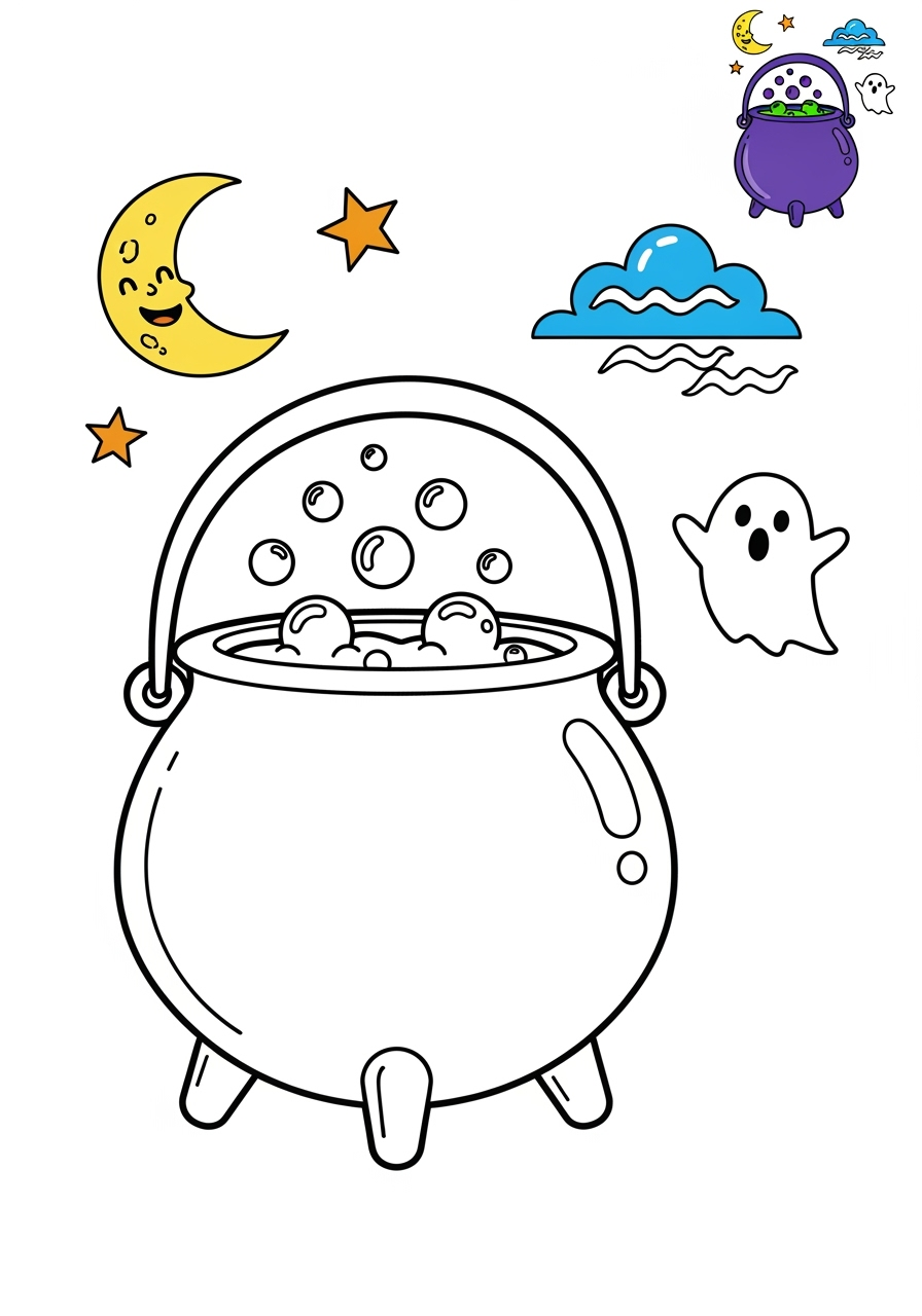 medium fantasy and fairy tales Magic & Objects cauldron kids coloring page 1