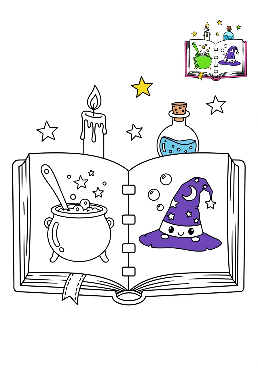medium fantasy and fairy tales Magic & Objects spell book kids coloring page 1