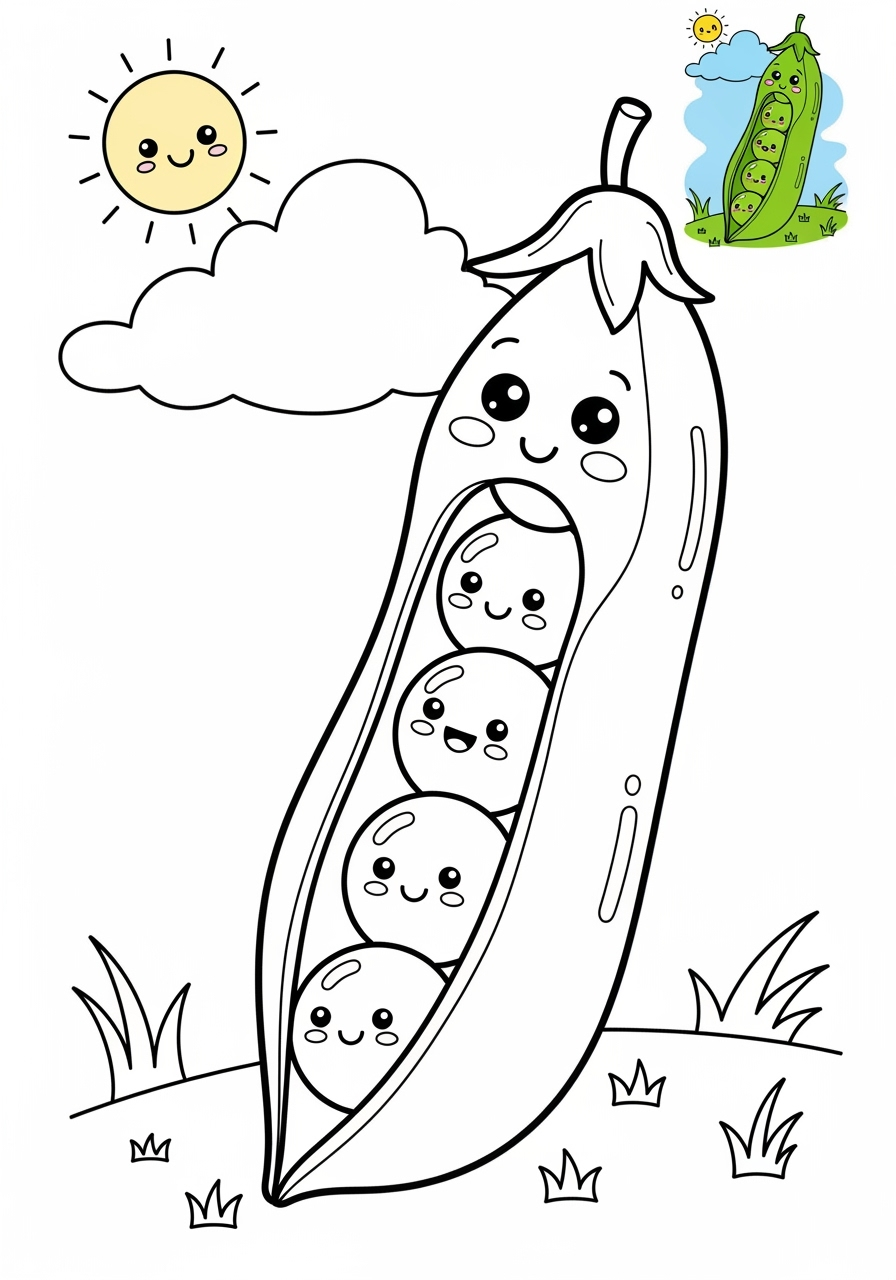 medium food and treats Vegetables peas kids coloring page 0