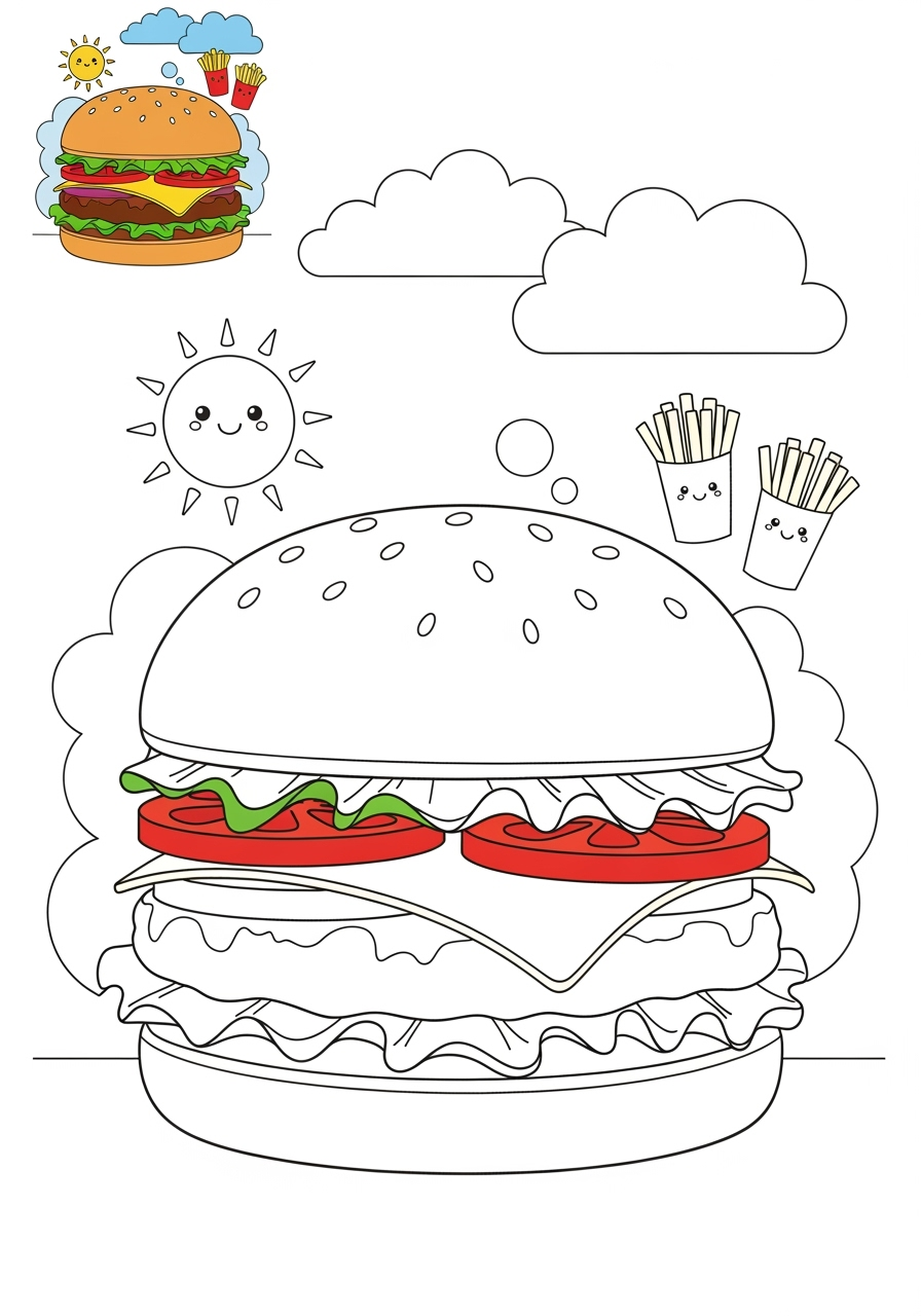 medium food and treats Snacks & Meals burger kids coloring page 1