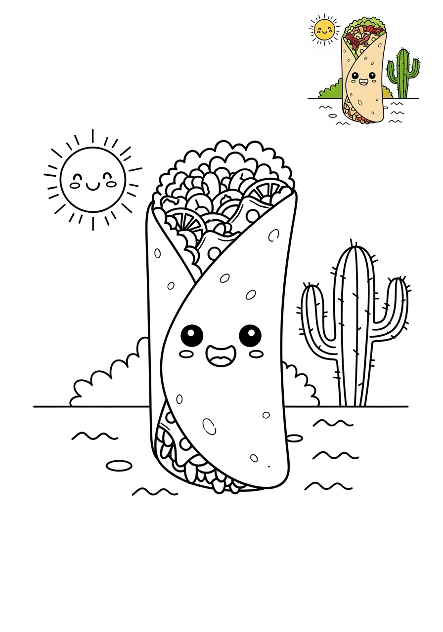 medium food and treats Snacks & Meals burrito kids coloring page 1