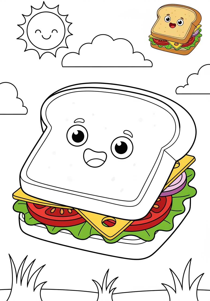 medium food and treats Snacks & Meals sandwich kids coloring page 1