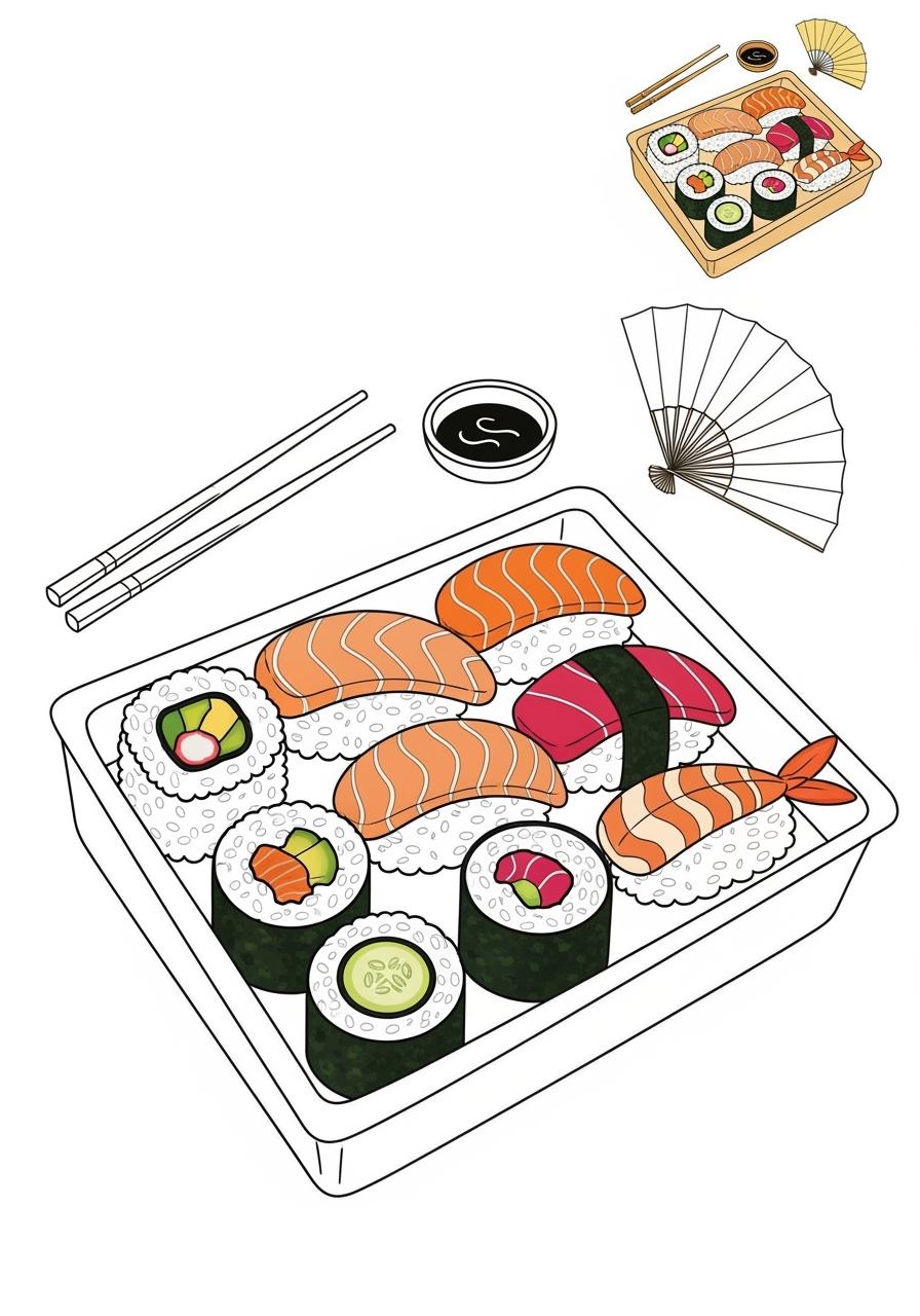 medium food and treats Snacks & Meals sushi kids coloring page 1
