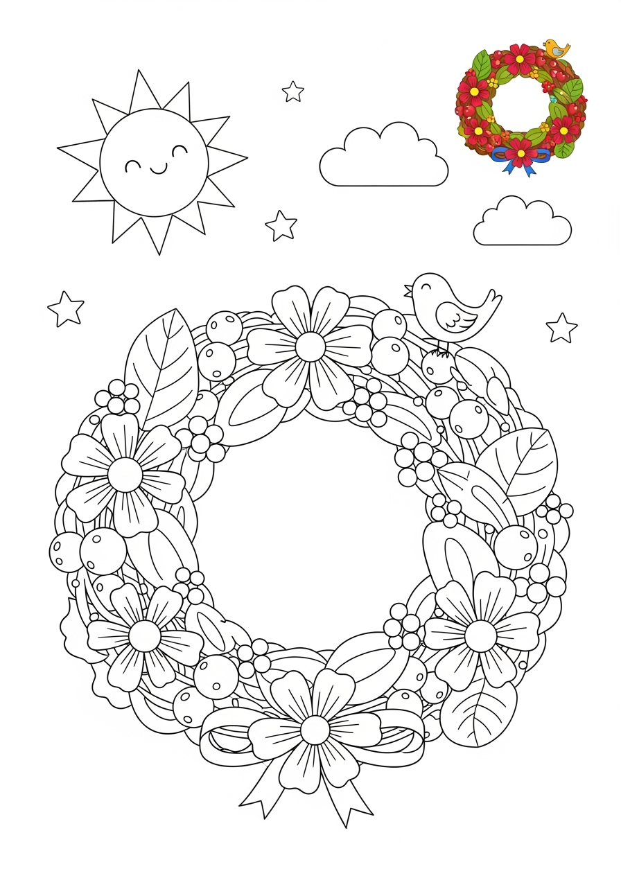 medium holidays and celebrations Christmas wreath kids coloring page 0
