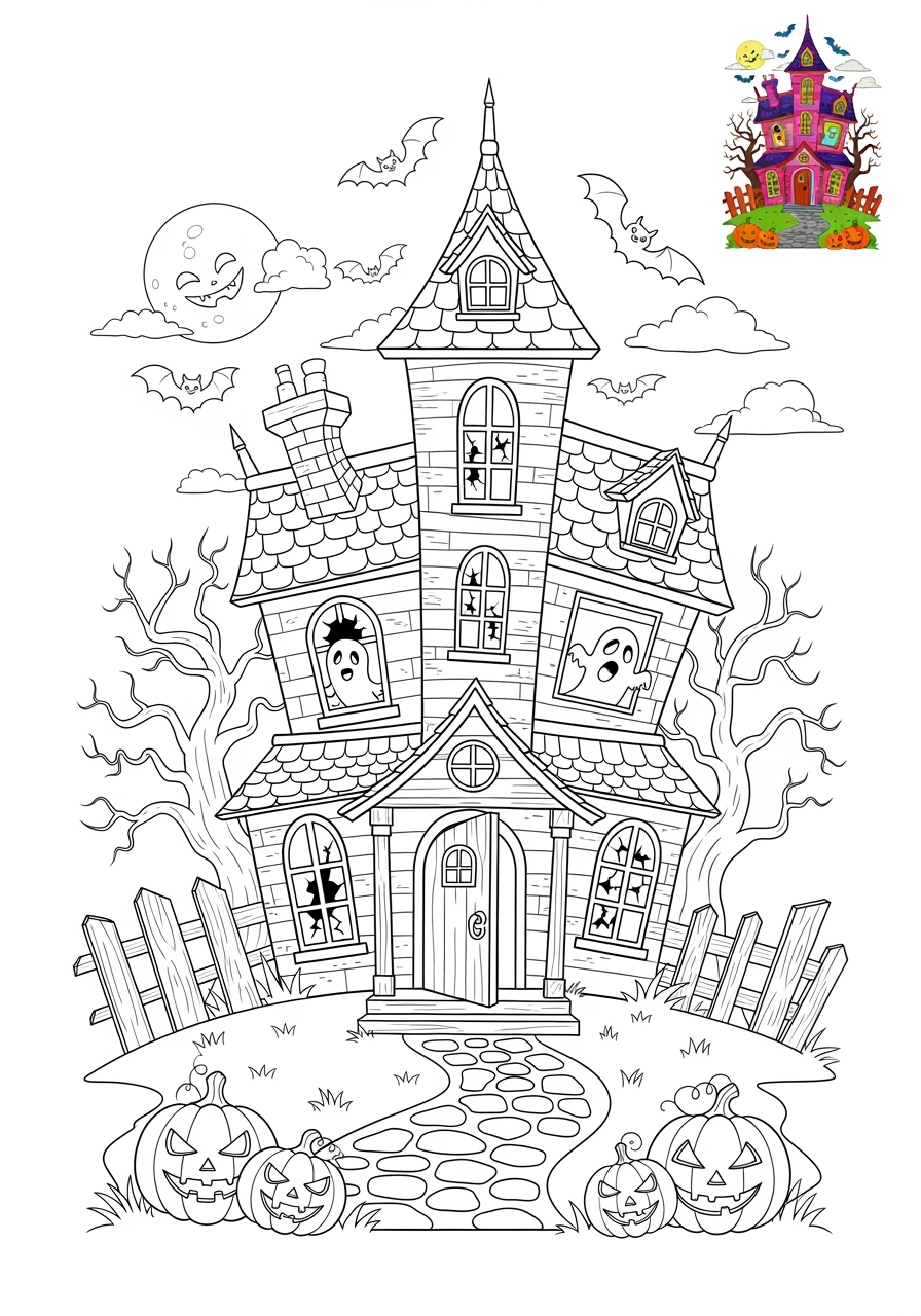 medium holidays and celebrations Halloween haunted house kids coloring page 0