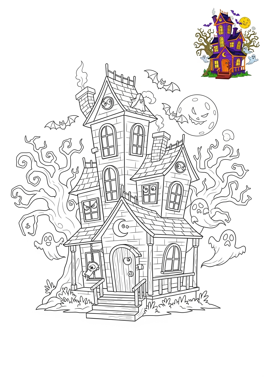 medium holidays and celebrations Halloween haunted house kids coloring page 1