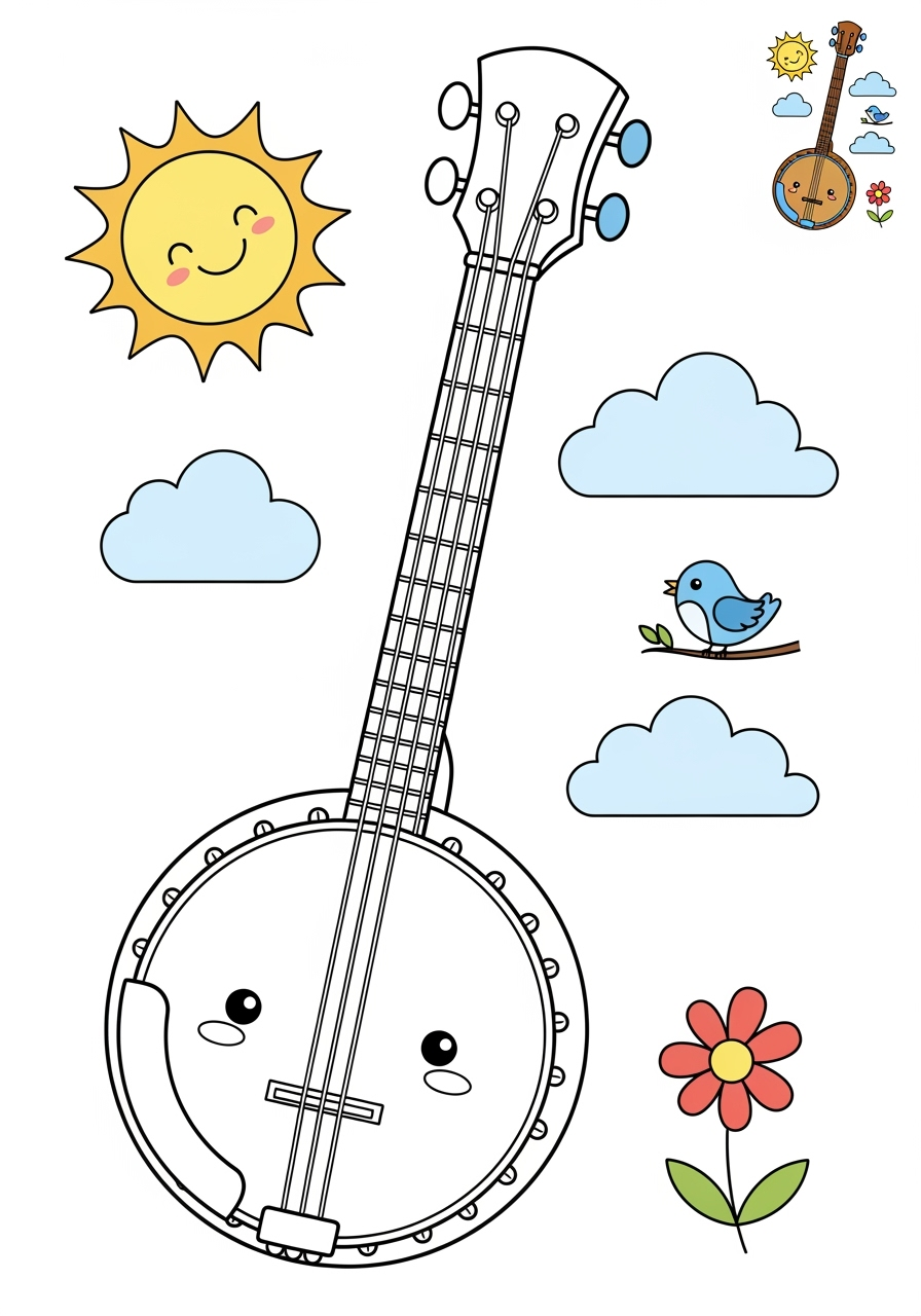 medium musical instruments Strings banjo kids coloring page 0