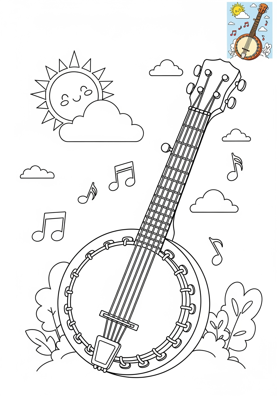 medium musical instruments Strings banjo kids coloring page 1