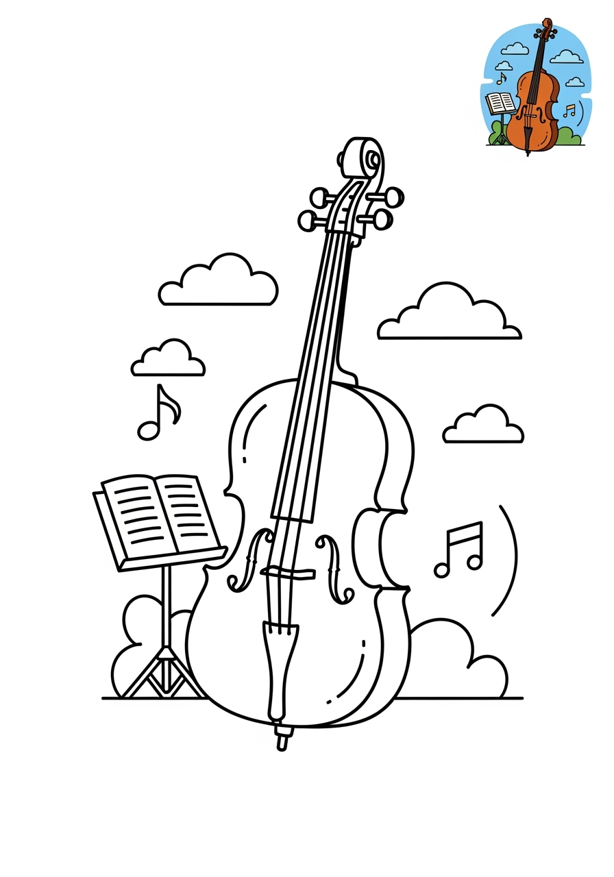 medium musical instruments Strings cello kids coloring page 1