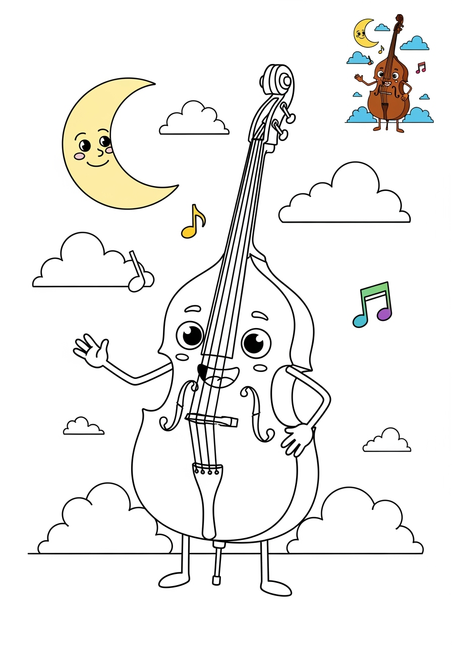 medium musical instruments Strings double bass kids coloring page 0