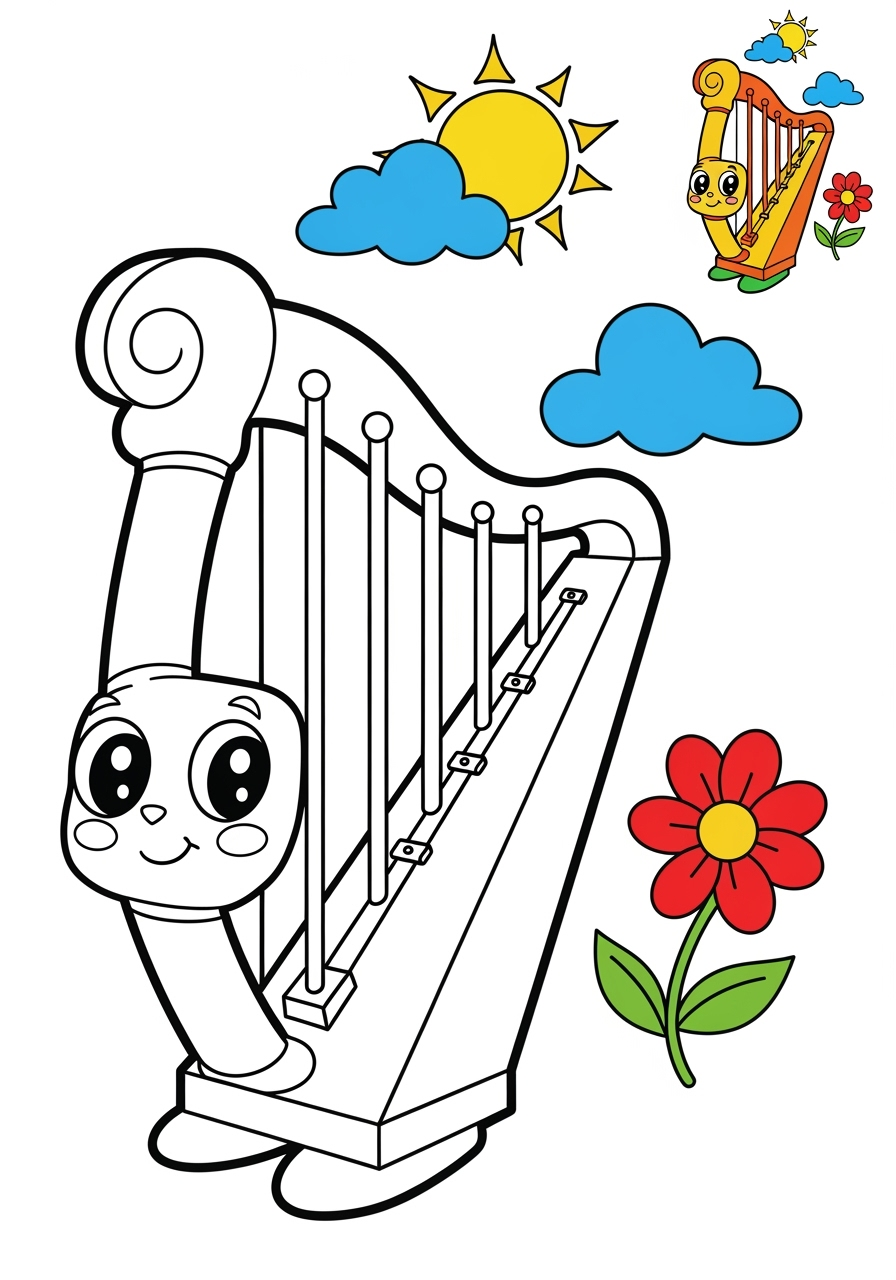 medium musical instruments Strings harp kids coloring page 0