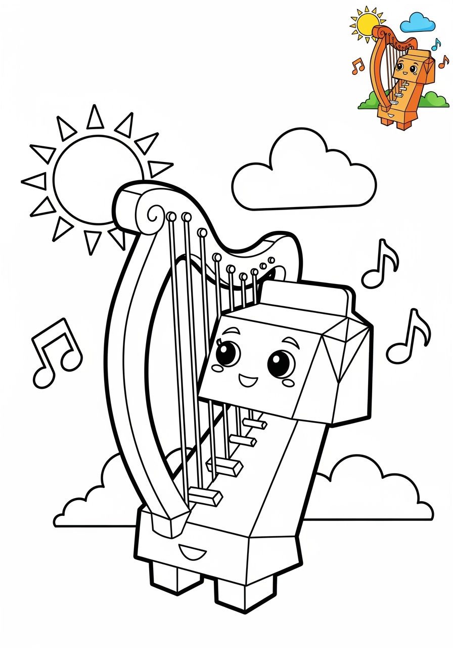 medium musical instruments Strings harp kids coloring page 1