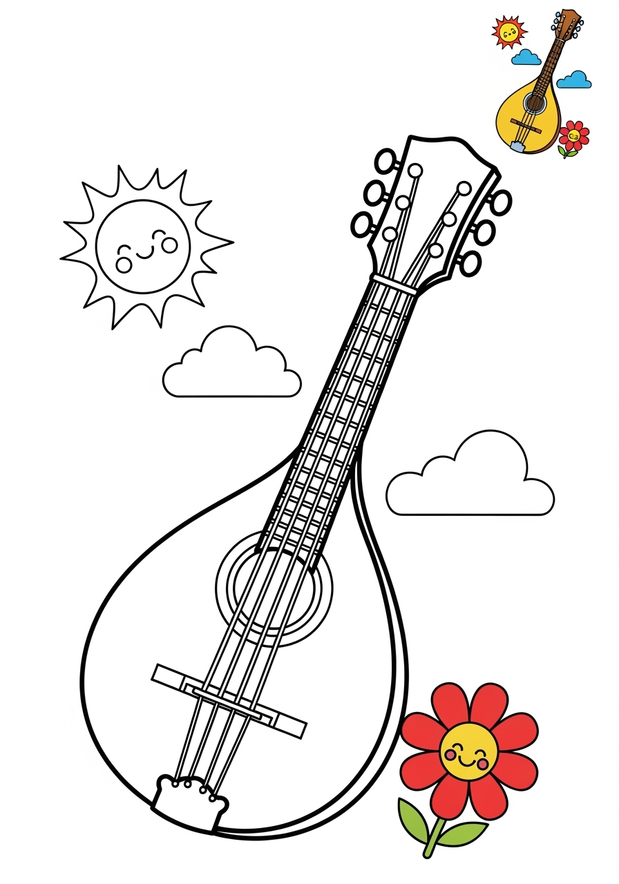 medium musical instruments Strings mandolin kids coloring page 1