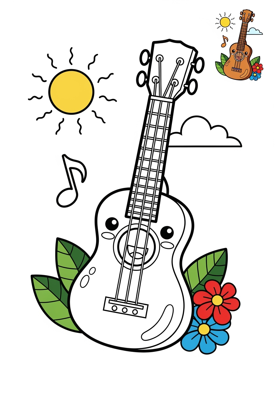 medium musical instruments Strings ukulele kids coloring page 1