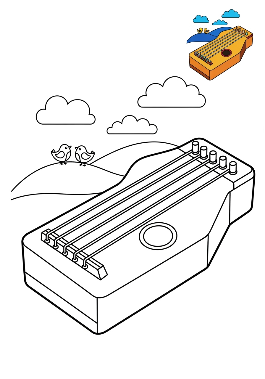 medium musical instruments Strings zither kids coloring page 1