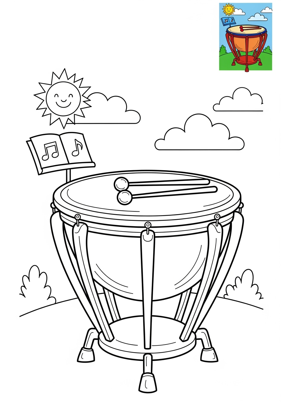medium musical instruments Percussion timpani kids coloring page 1
