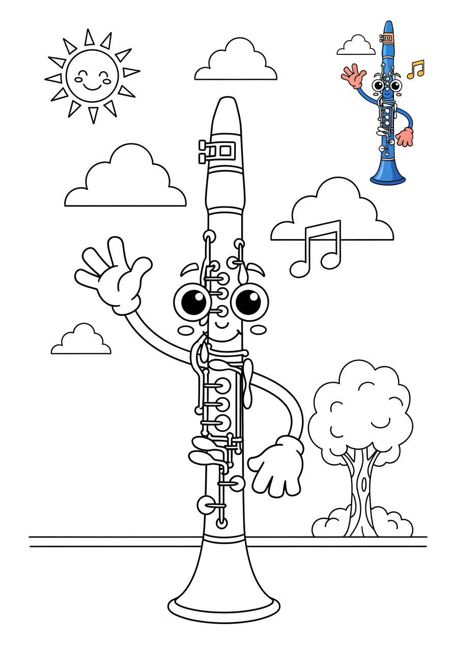 medium musical instruments Wind clarinet kids coloring page 1