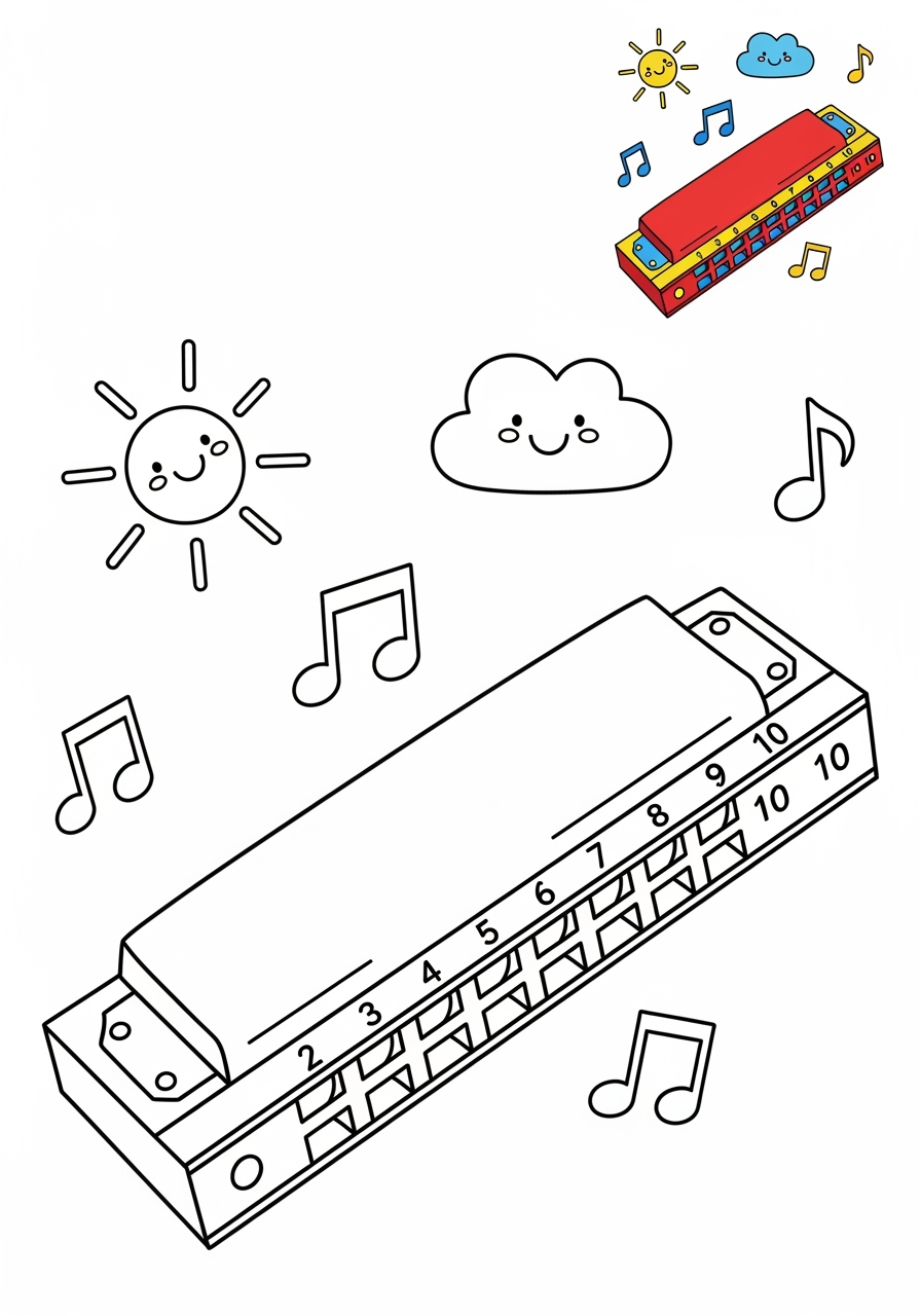 medium musical instruments Wind harmonica kids coloring page 0