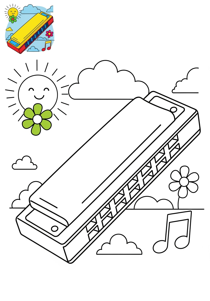 medium musical instruments Wind harmonica kids coloring page 1