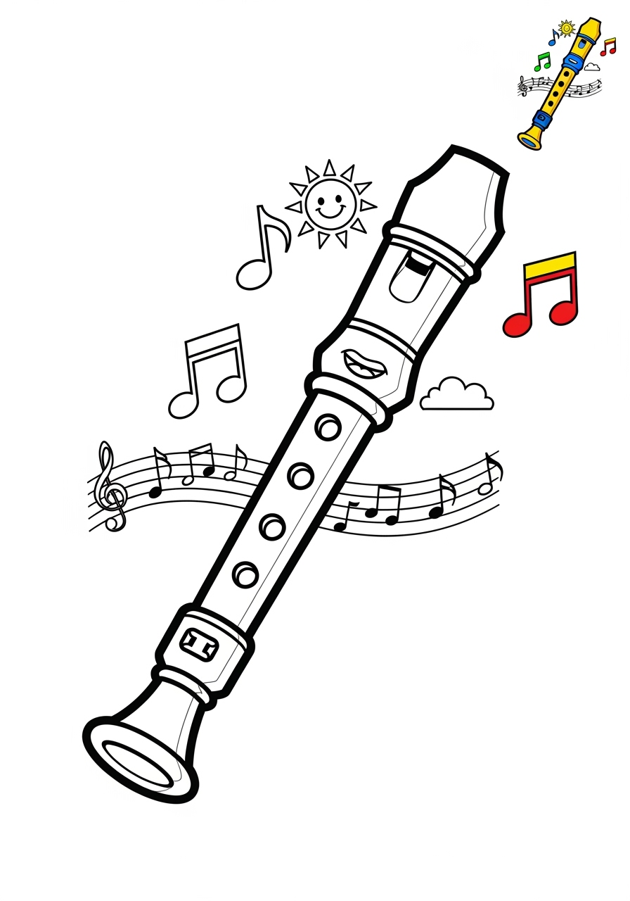medium musical instruments Wind recorder kids coloring page 1
