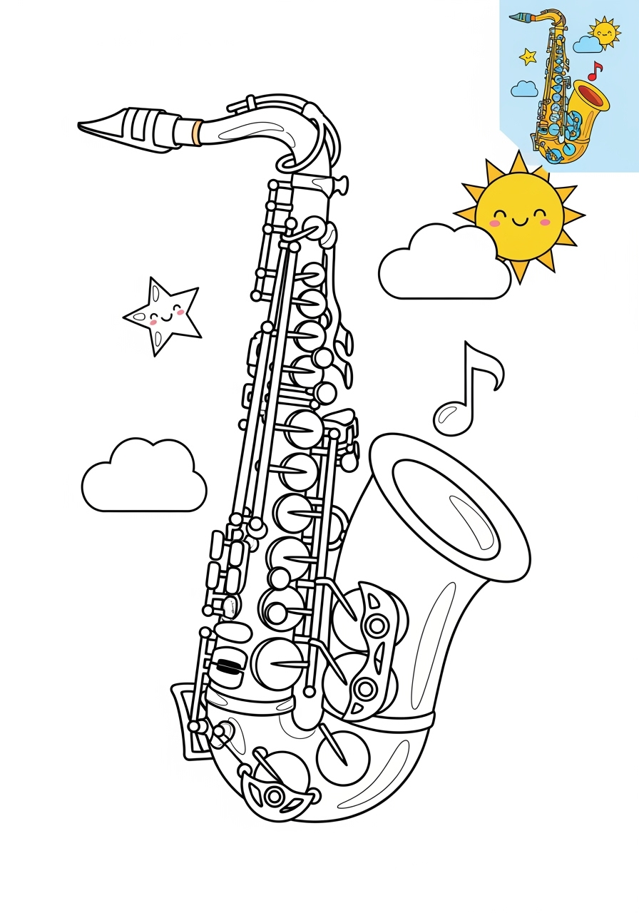 medium musical instruments Wind saxophone kids coloring page 1
