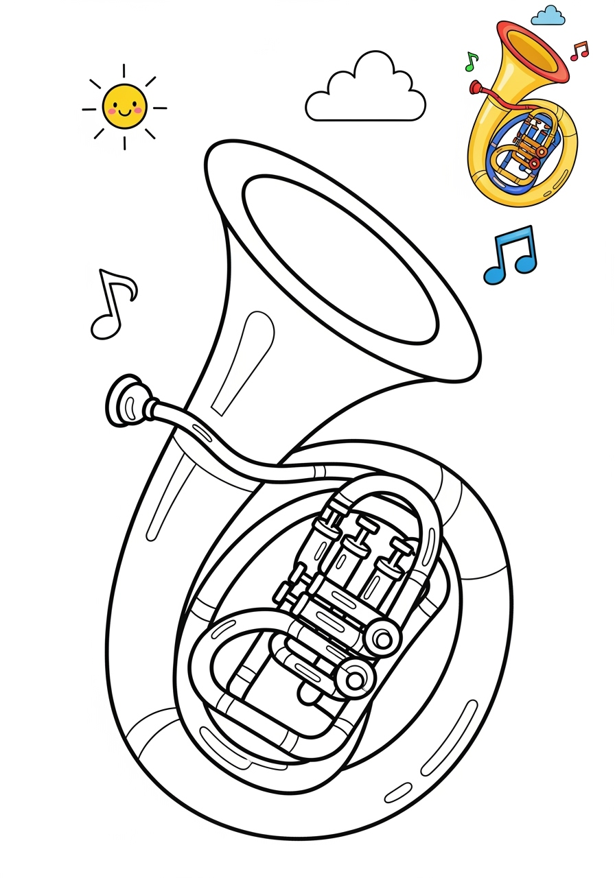 medium musical instruments Wind tuba kids coloring page 1