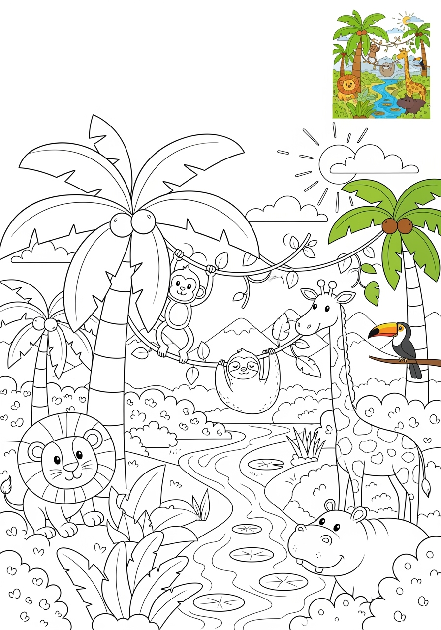 medium nature and scenery Landscapes jungle kids coloring page 1
