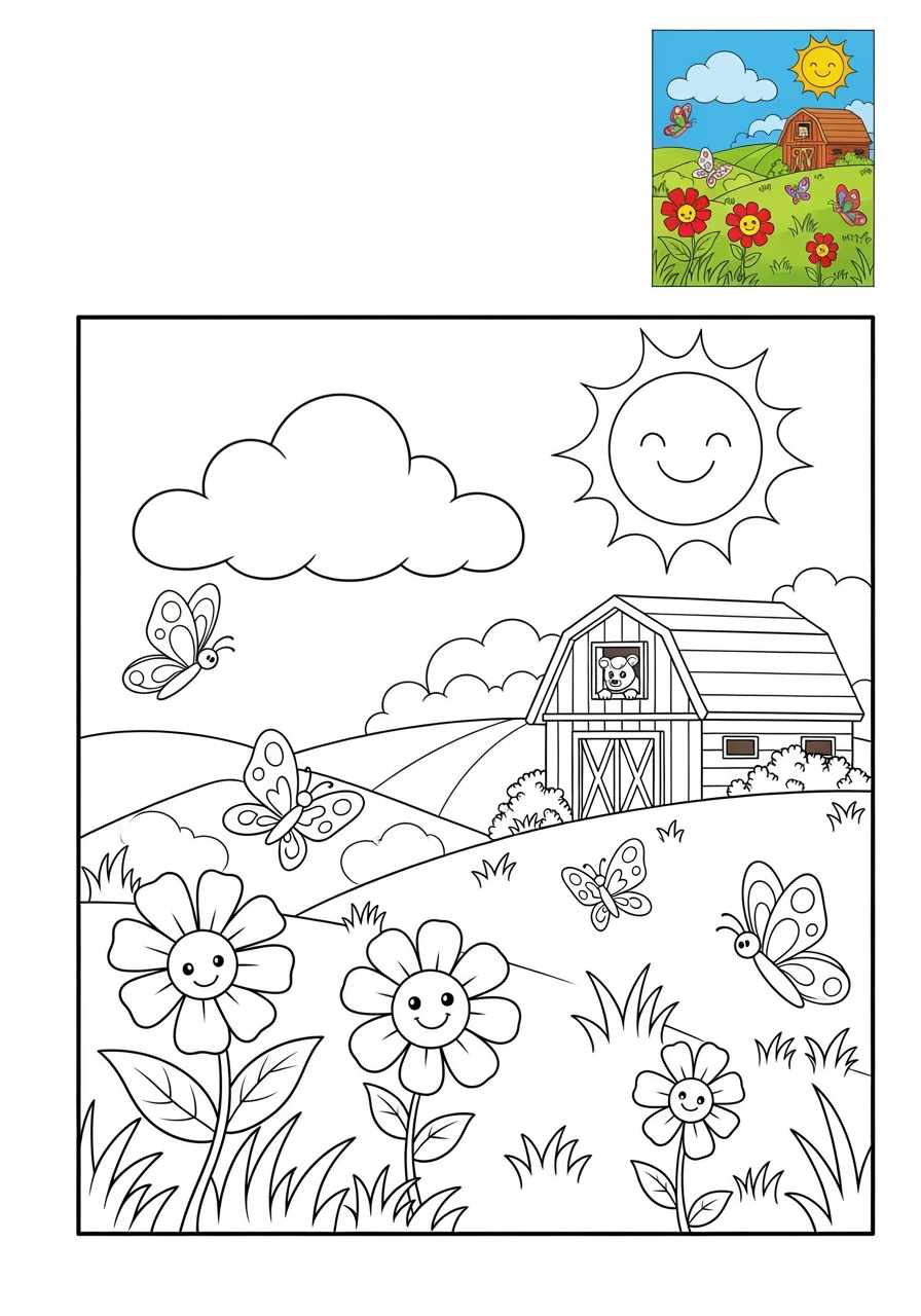 medium nature and scenery Landscapes meadow kids coloring page 0