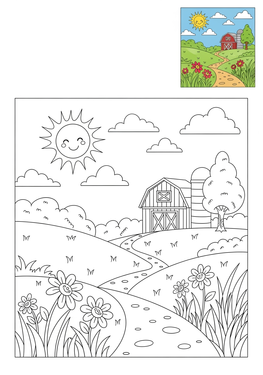 medium nature and scenery Landscapes meadow kids coloring page 1