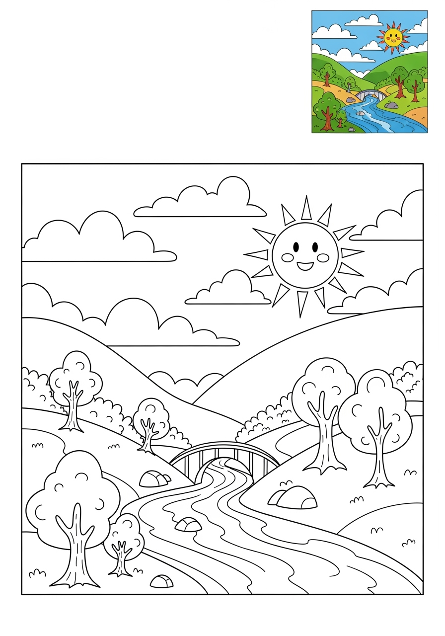 medium nature and scenery Landscapes valley kids coloring page 0