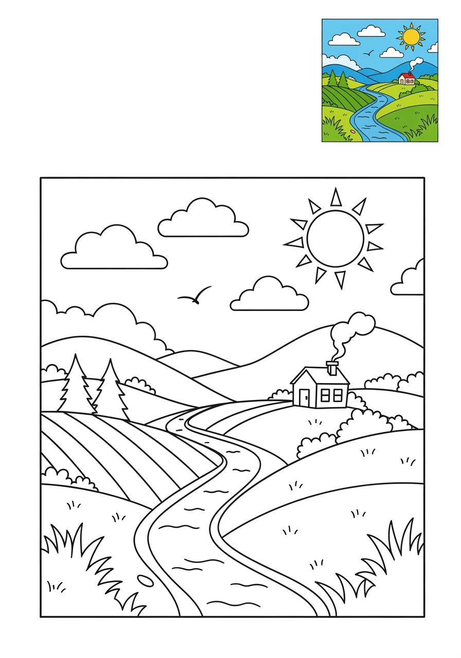 medium nature and scenery Landscapes valley kids coloring page 1