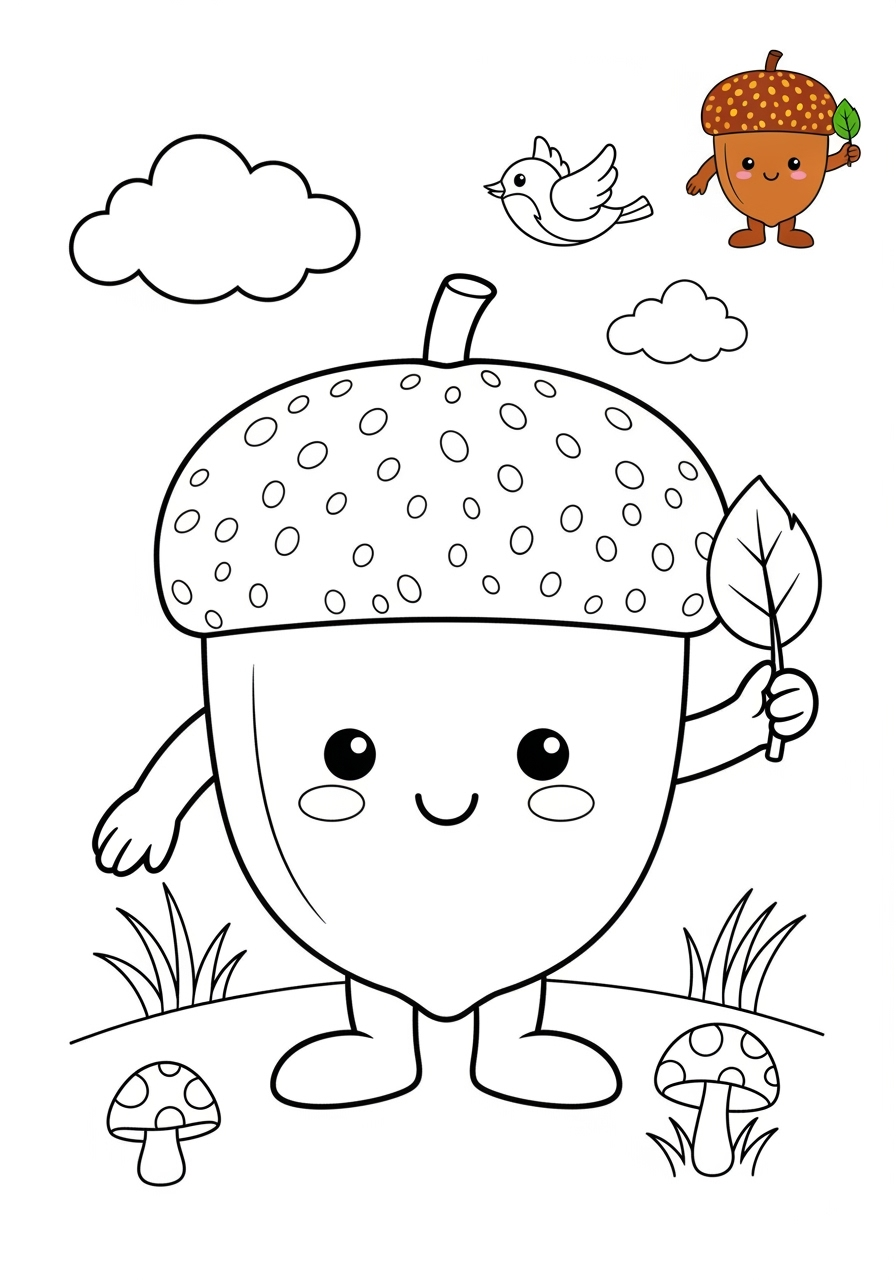 medium nature and scenery Plants & Trees acorn kids coloring page 1