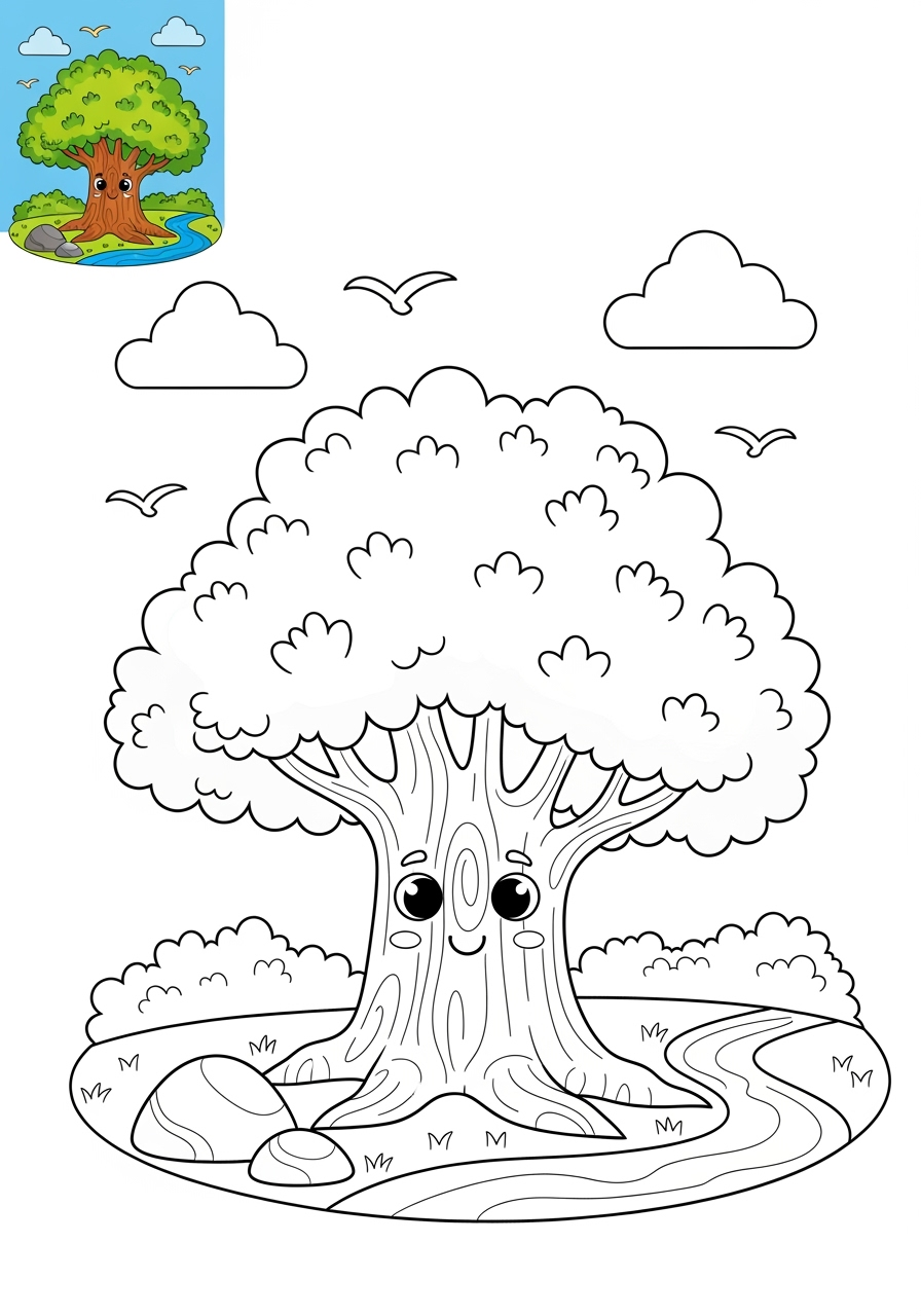 medium nature and scenery Plants & Trees oak tree kids coloring page 0