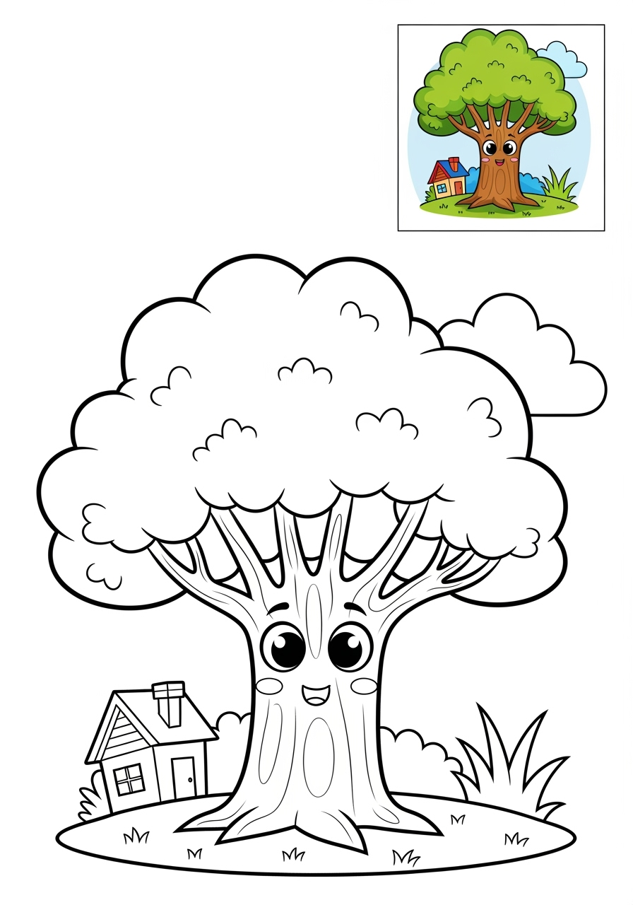 medium nature and scenery Plants & Trees oak tree kids coloring page 1