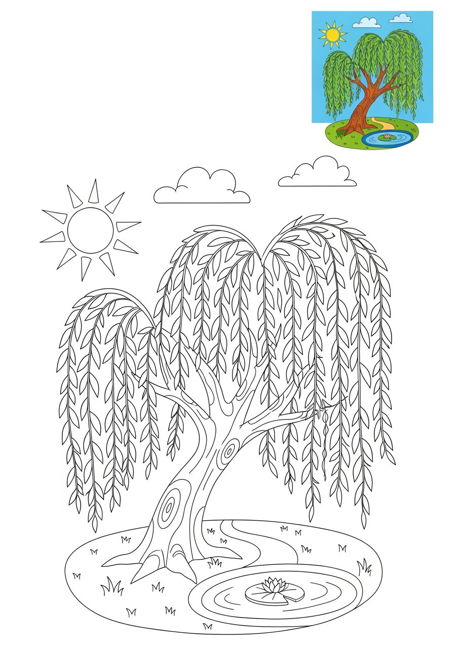 medium nature and scenery Plants & Trees willow tree kids coloring page 0