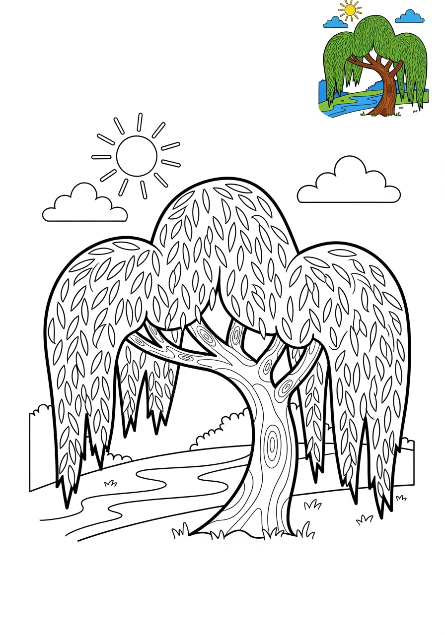 medium nature and scenery Plants & Trees willow tree kids coloring page 1