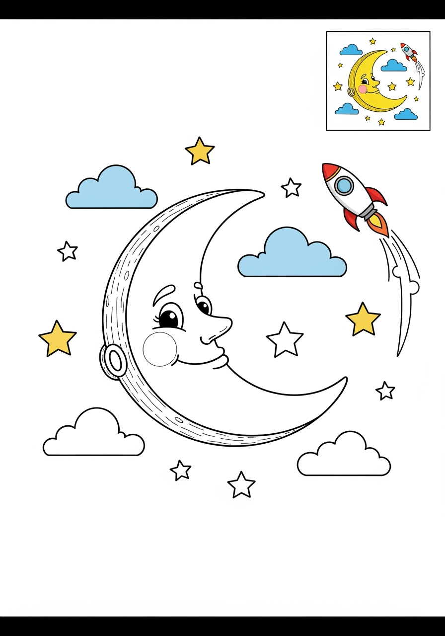 medium nature and scenery Weather & Sky moon kids coloring page 1