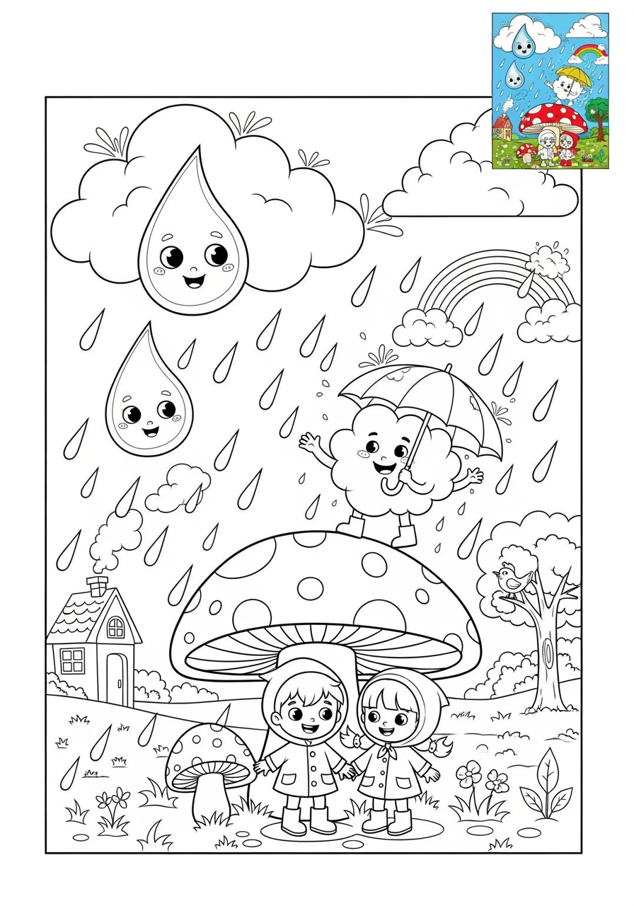 medium nature and scenery Weather & Sky rain kids coloring page 0