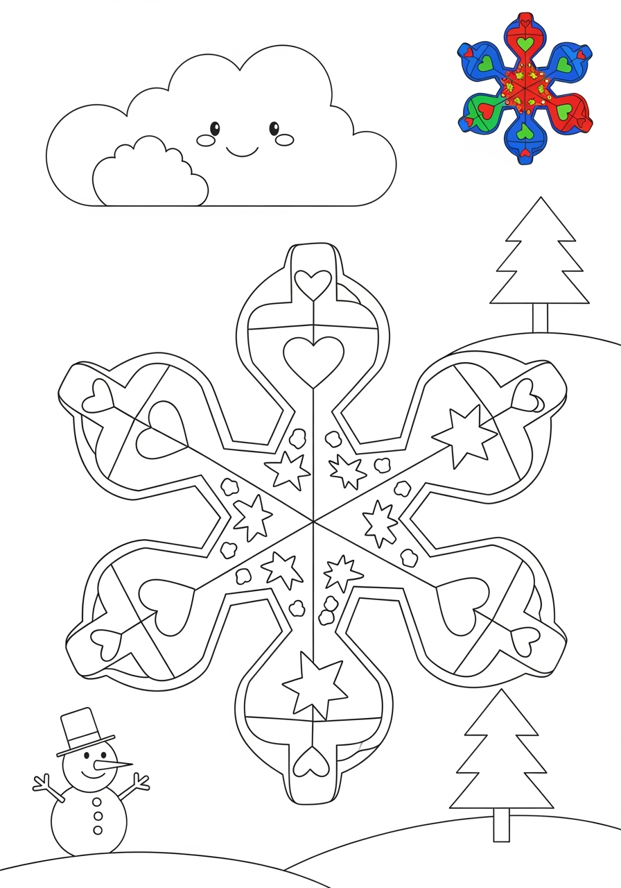 medium nature and scenery Weather & Sky snowflake kids coloring page 1