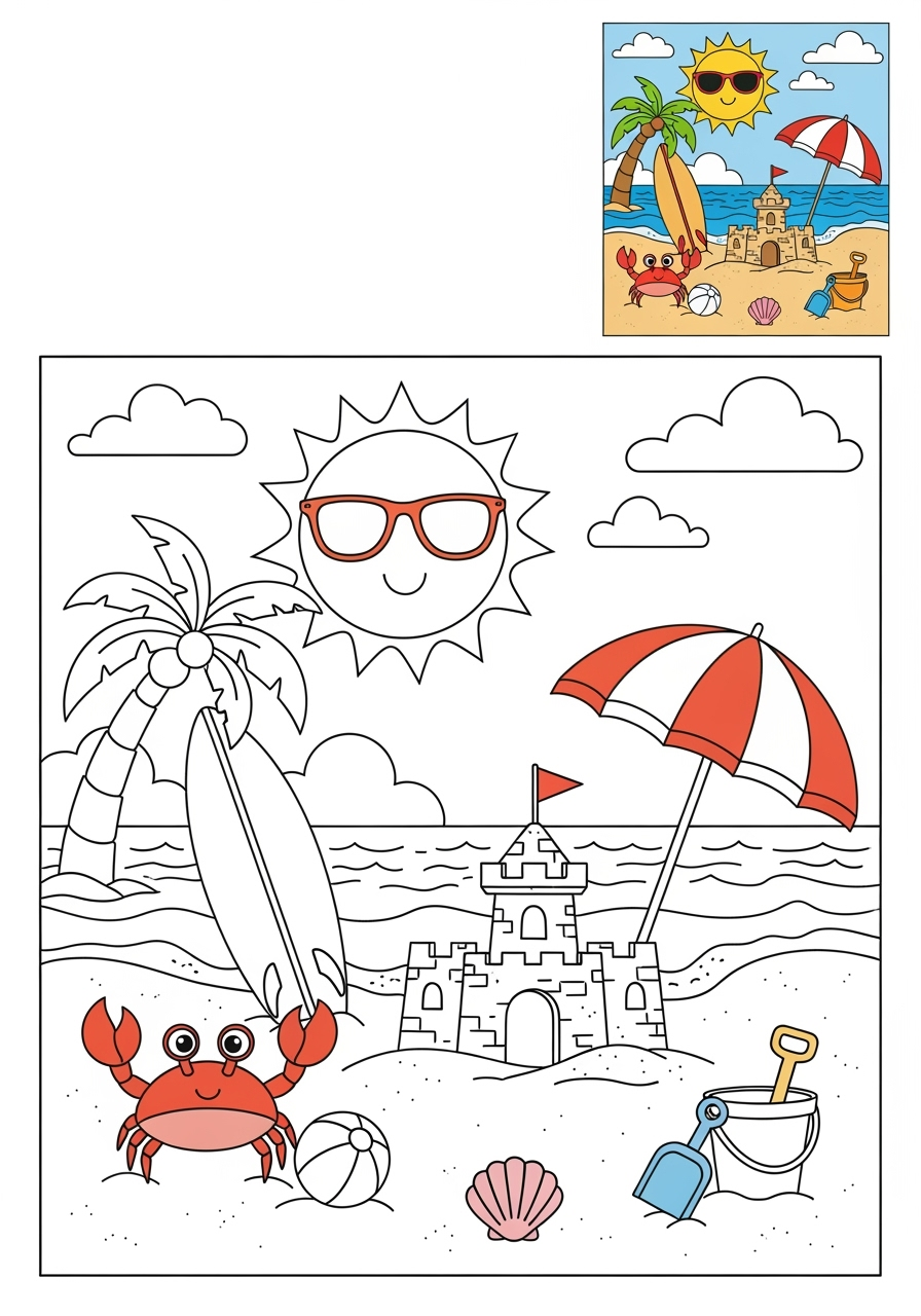 medium nature and scenery Water Features beach kids coloring page 1