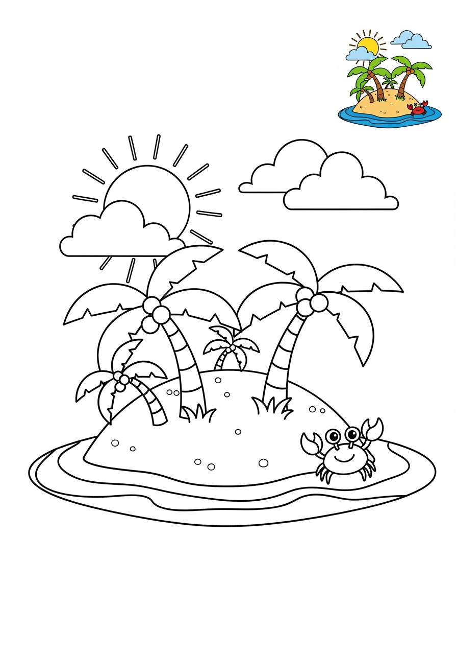 medium nature and scenery Water Features island kids coloring page 1