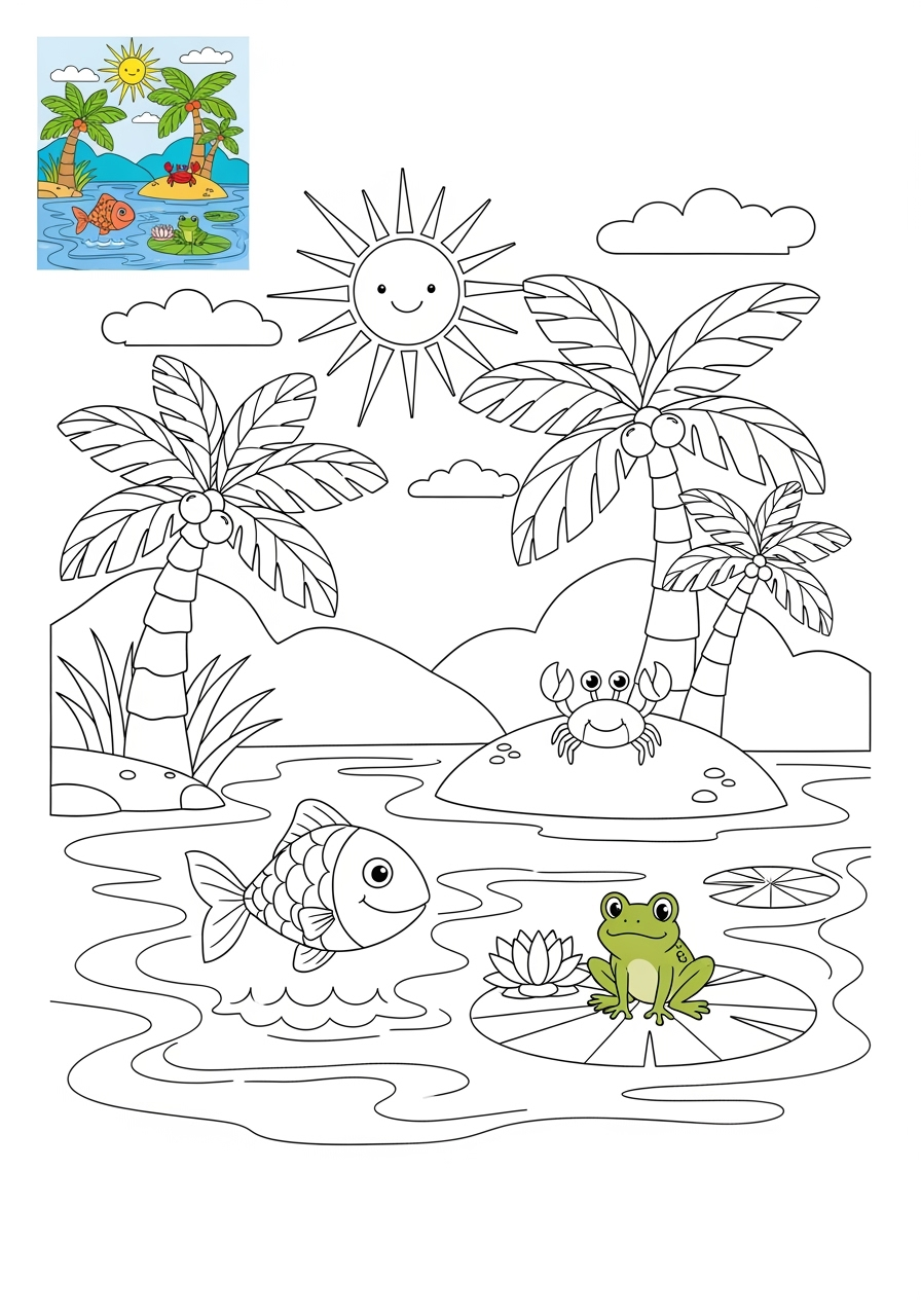 medium nature and scenery Water Features lagoon kids coloring page 1