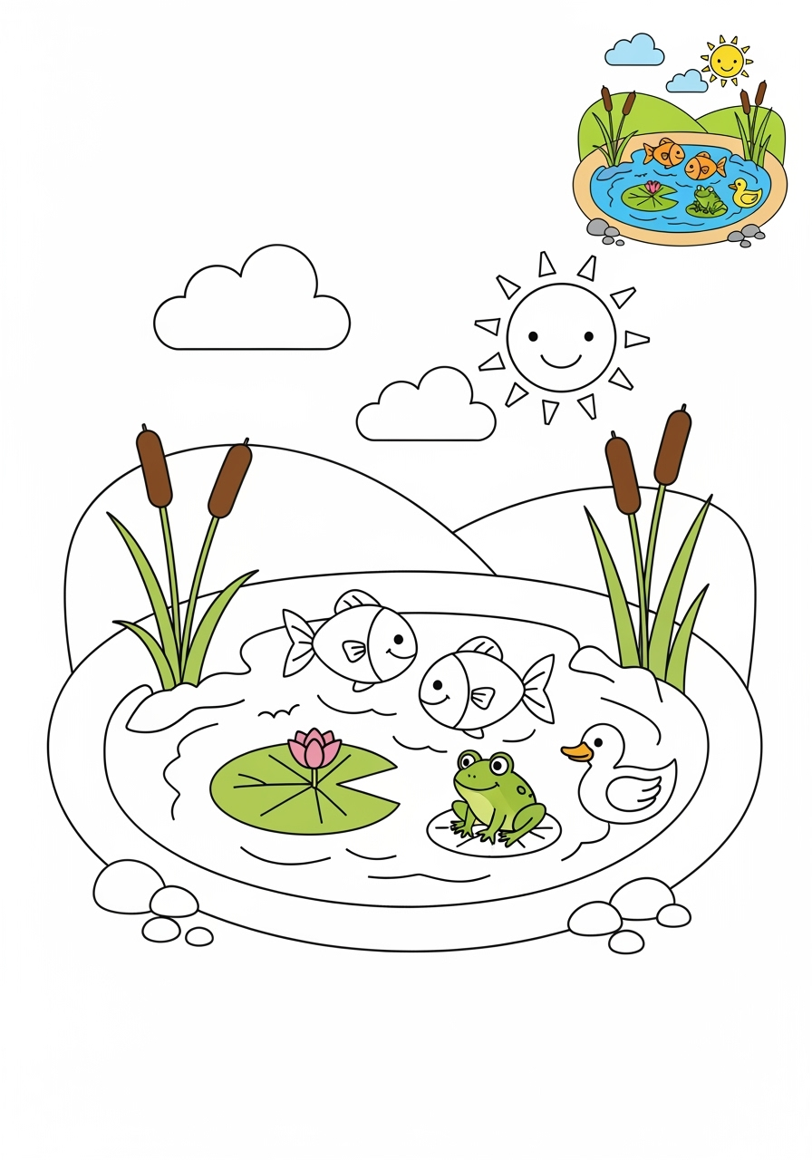 medium nature and scenery Water Features pond kids coloring page 1