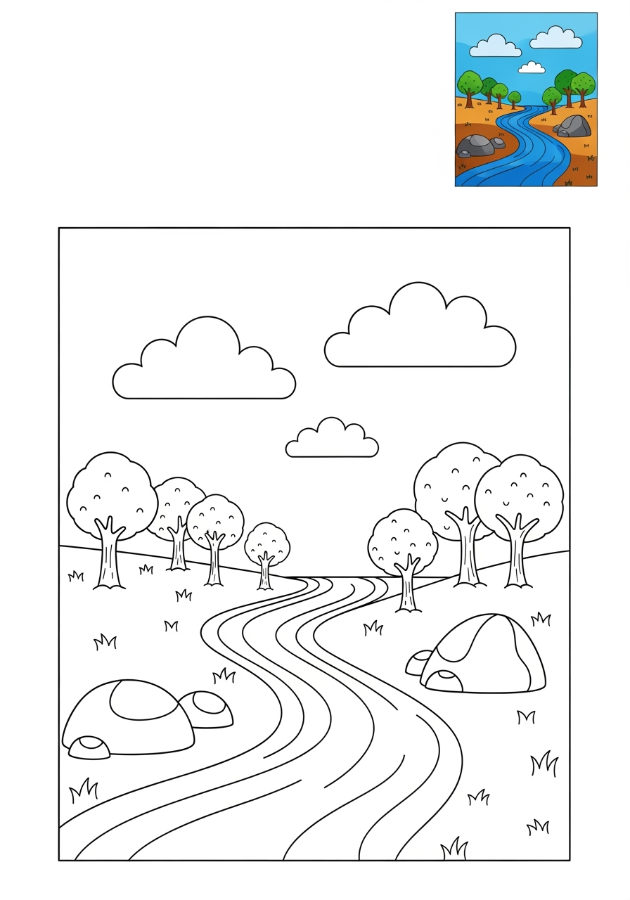 medium nature and scenery Water Features river kids coloring page 1