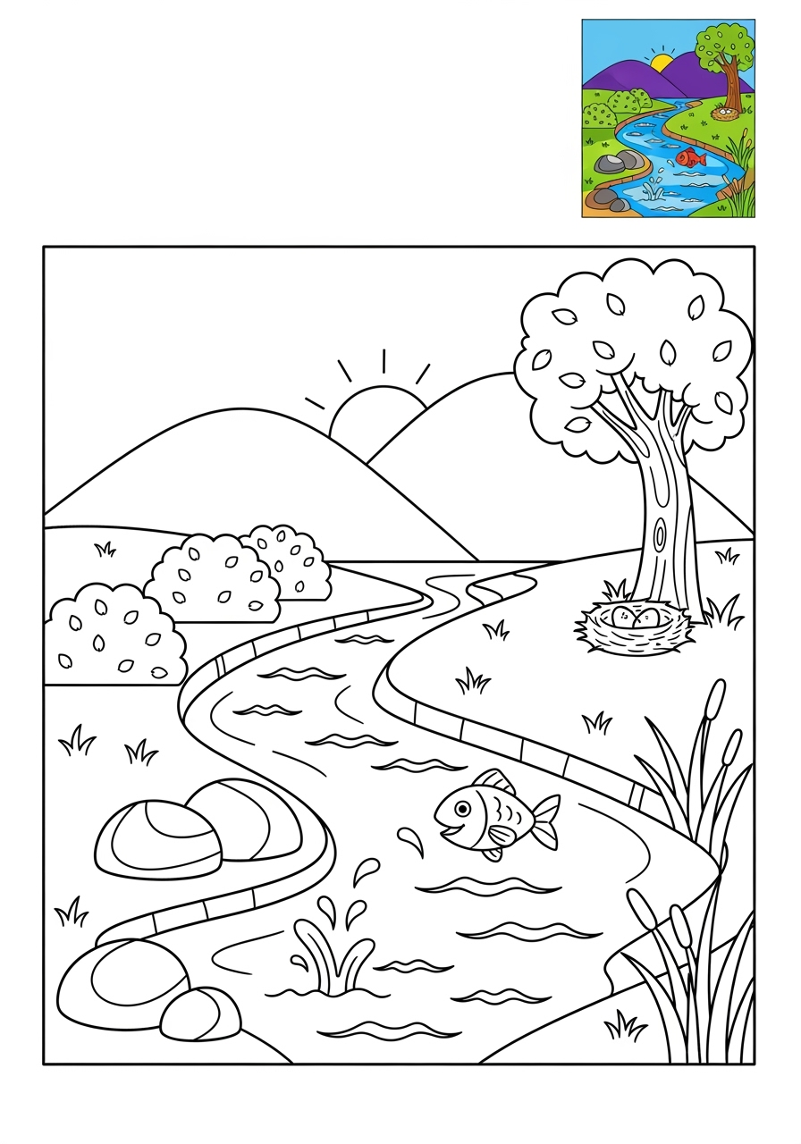 medium nature and scenery Water Features stream kids coloring page 0
