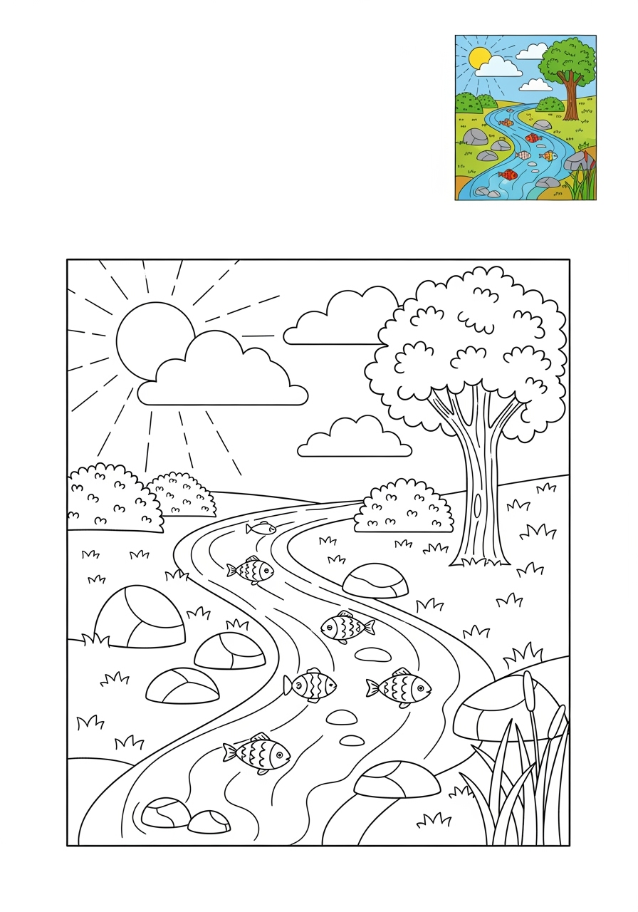 medium nature and scenery Water Features stream kids coloring page 1