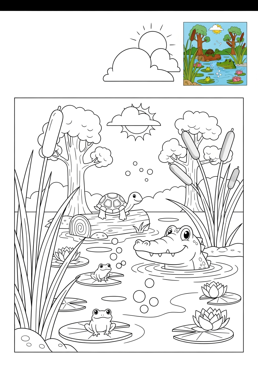 medium nature and scenery Water Features swamp kids coloring page 0