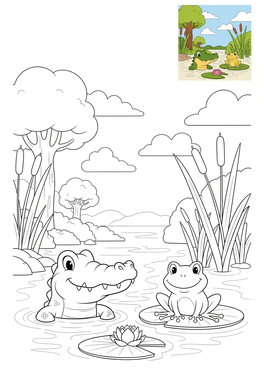 medium nature and scenery Water Features swamp kids coloring page 1