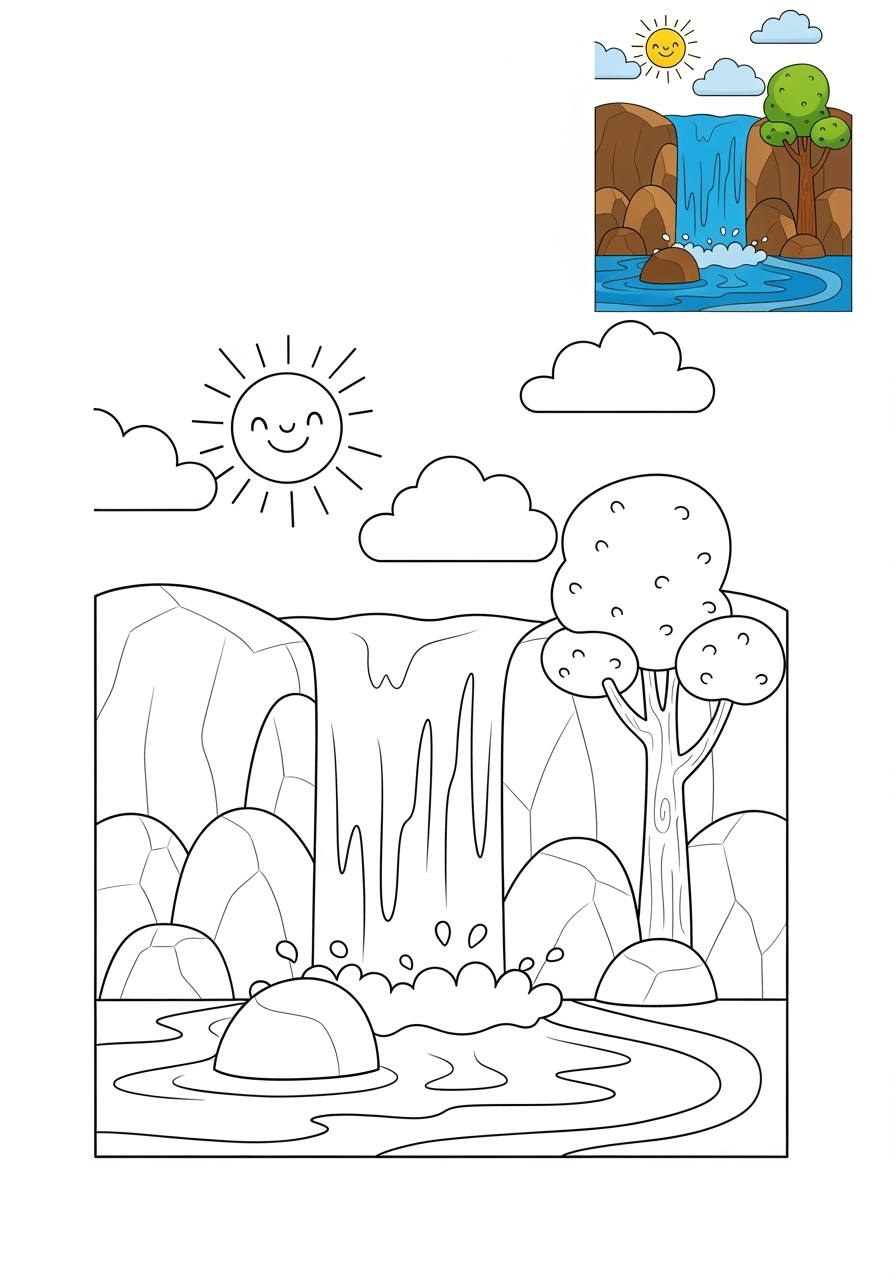 medium nature and scenery Water Features waterfall kids coloring page 0