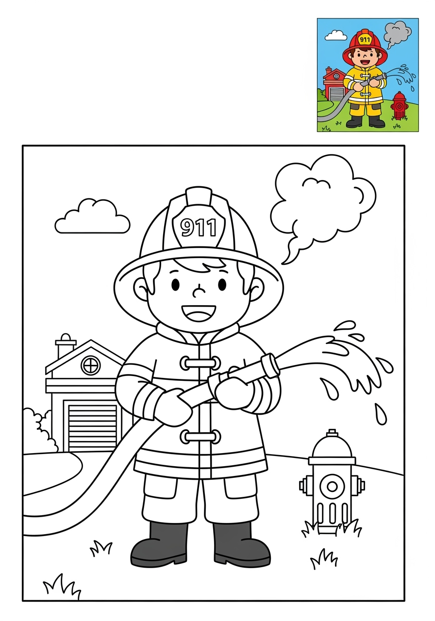 medium people and professions Community Helpers firefighter kids coloring page 1